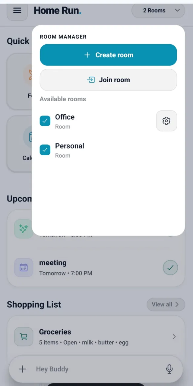 Home Run room manager showing private Office and Personal rooms