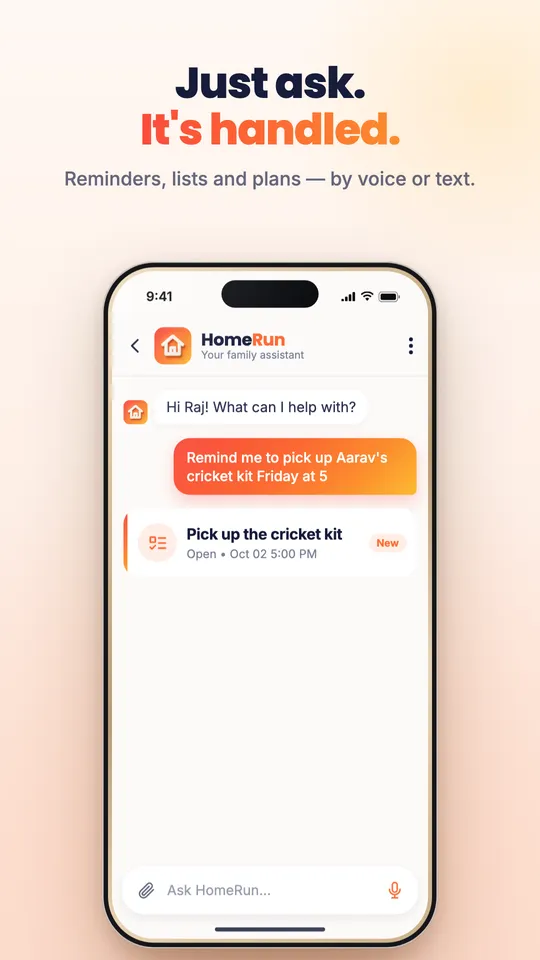 Home Run chat turning a request to pick up a cricket kit into a task