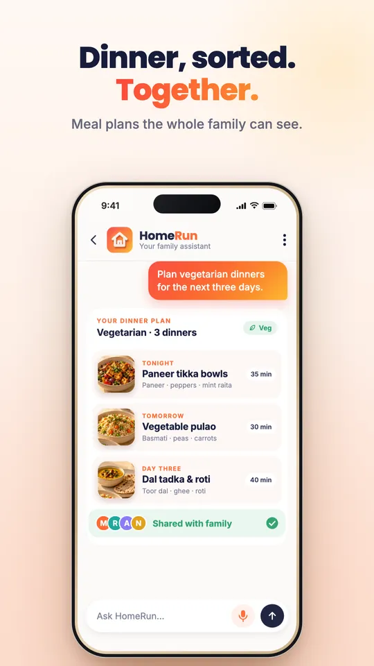 Home Run vegetarian dinner plan for three days